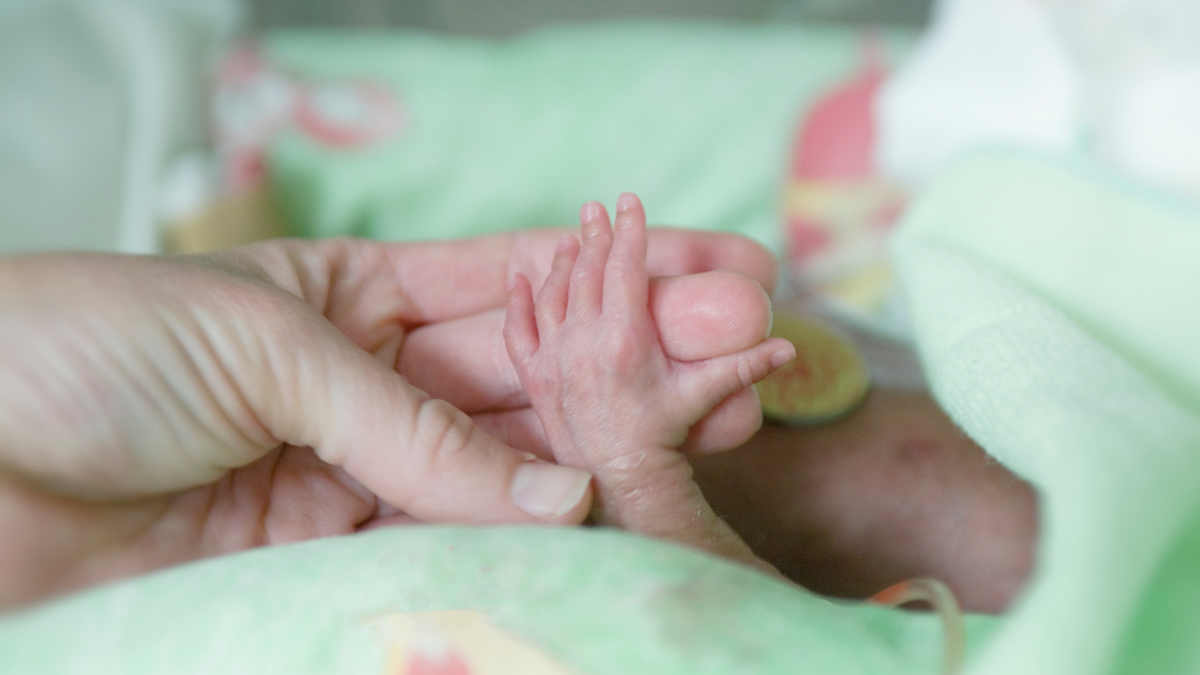NICU mom holding NICU baby's hand, green blanket, nicu