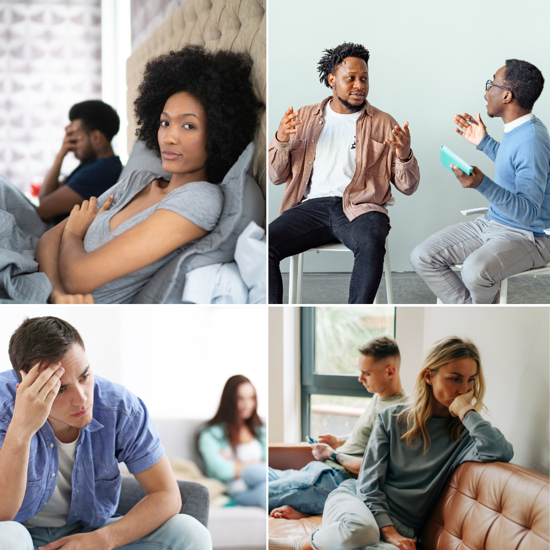 Four photos - black NICU mom upset with black NICU dad, black gay dads upset with each other, caucasian NICU dad upset with white NICU mom, white NICU mom upset with white NICU dad